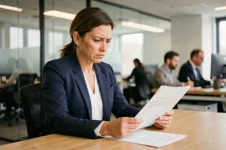 Recruteuse analysant des candidatures générées par ChatGPT dans un bureau moderne