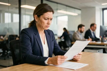 Recruteuse analysant des candidatures générées par ChatGPT dans un bureau moderne
