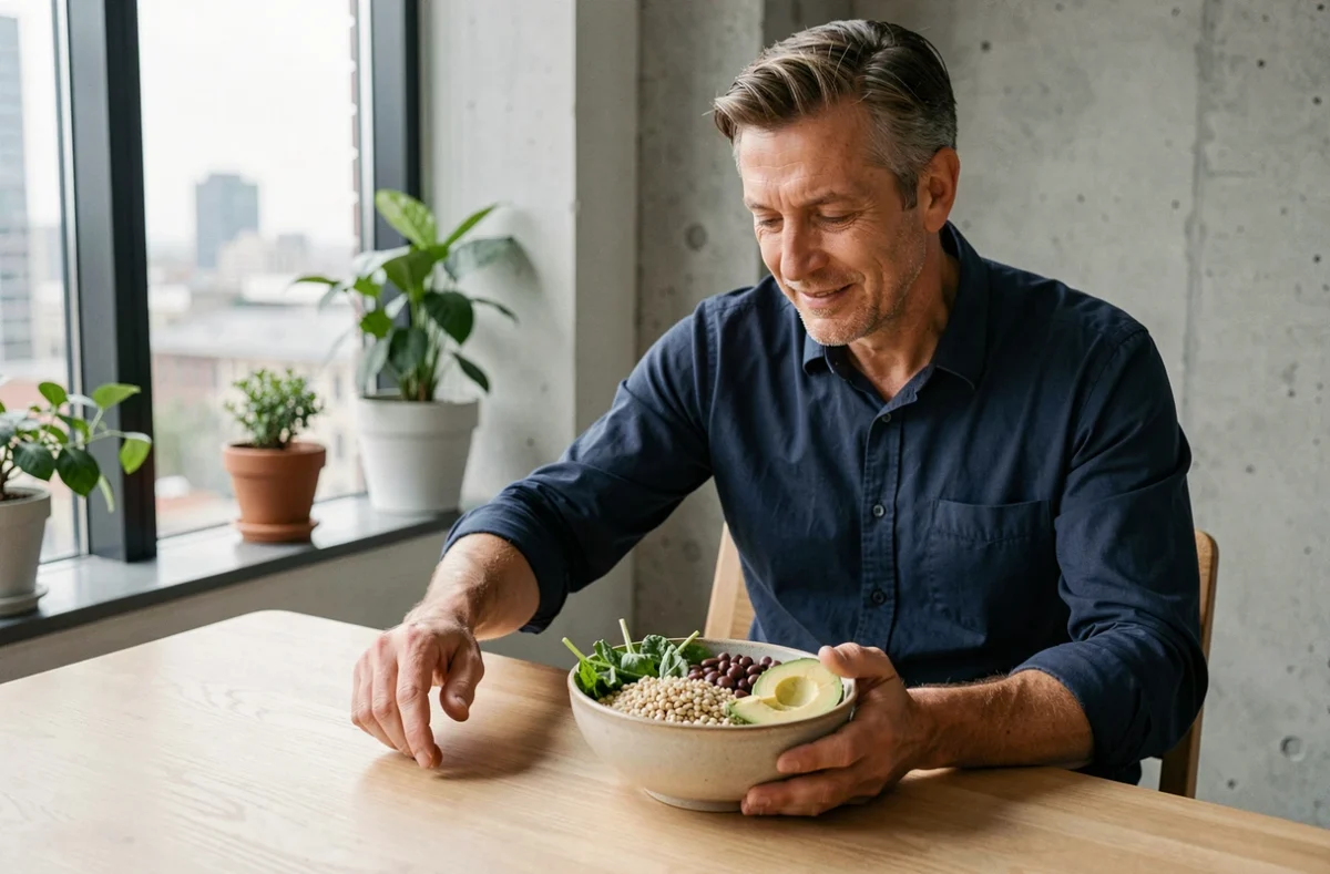 Homme mangeant un repas riche en fibres et en nutriments pour favoriser une bonne santé intestinale