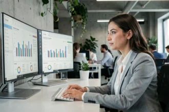 Responsable marketing analysant des données numériques sur des écrans d'ordinateur dans un bureau moderne