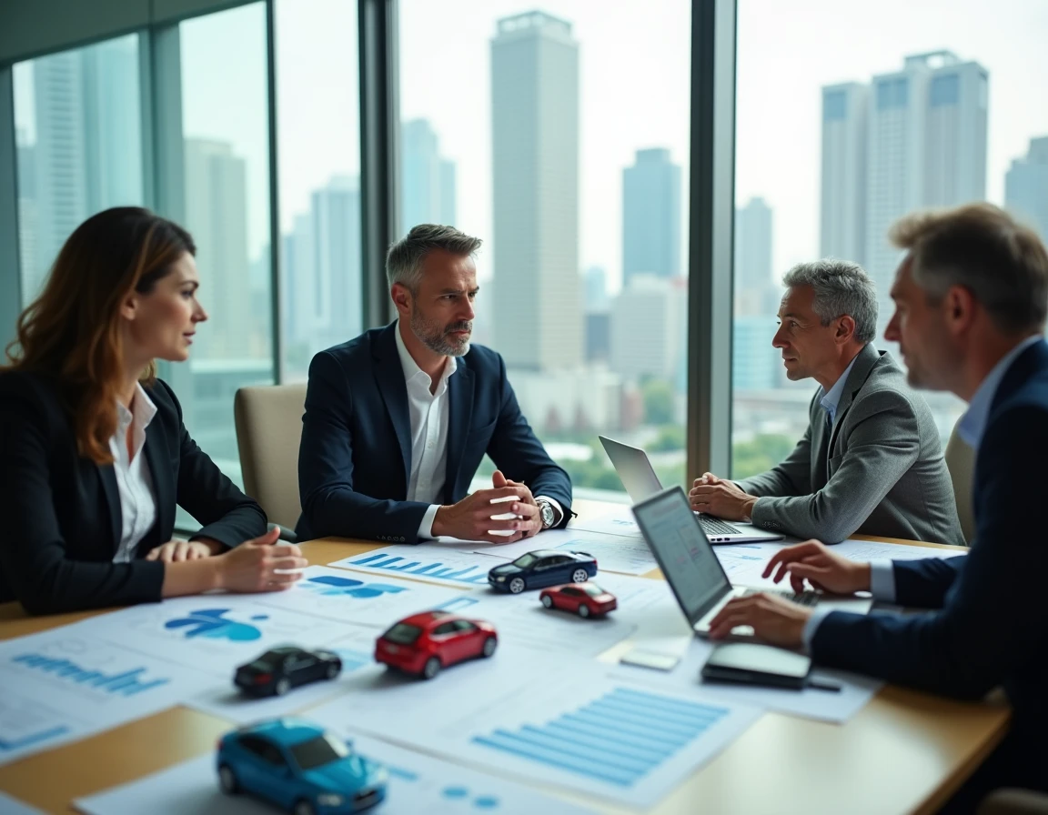 Équipe de professionnels en réunion analysant des tendances du marché automobile avec rapports et graphiques