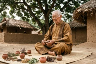 Ancien pratiquant un rite coutumier traditionnel assis sur une natte entouré d'objets rituels dans un village africain