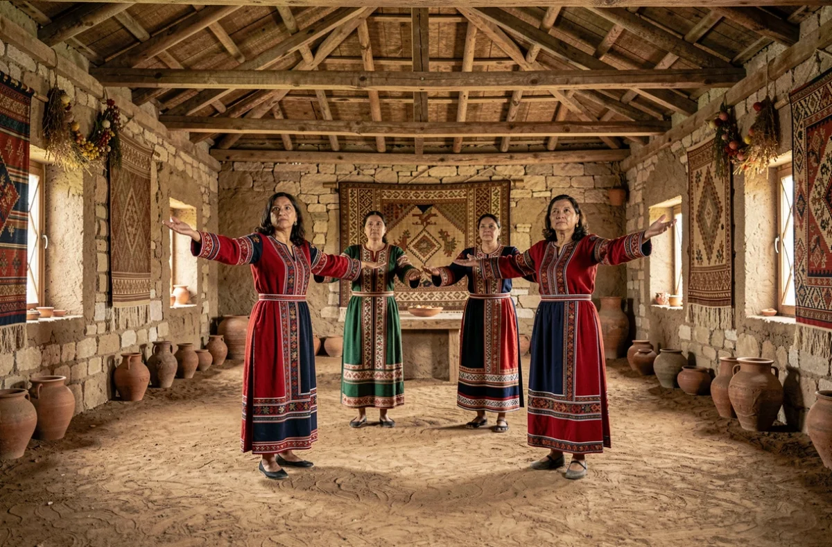 Groupe de femmes en tenue traditionnelle accomplissant un rite coutumier collectif à l'intérieur d'une salle communautaire