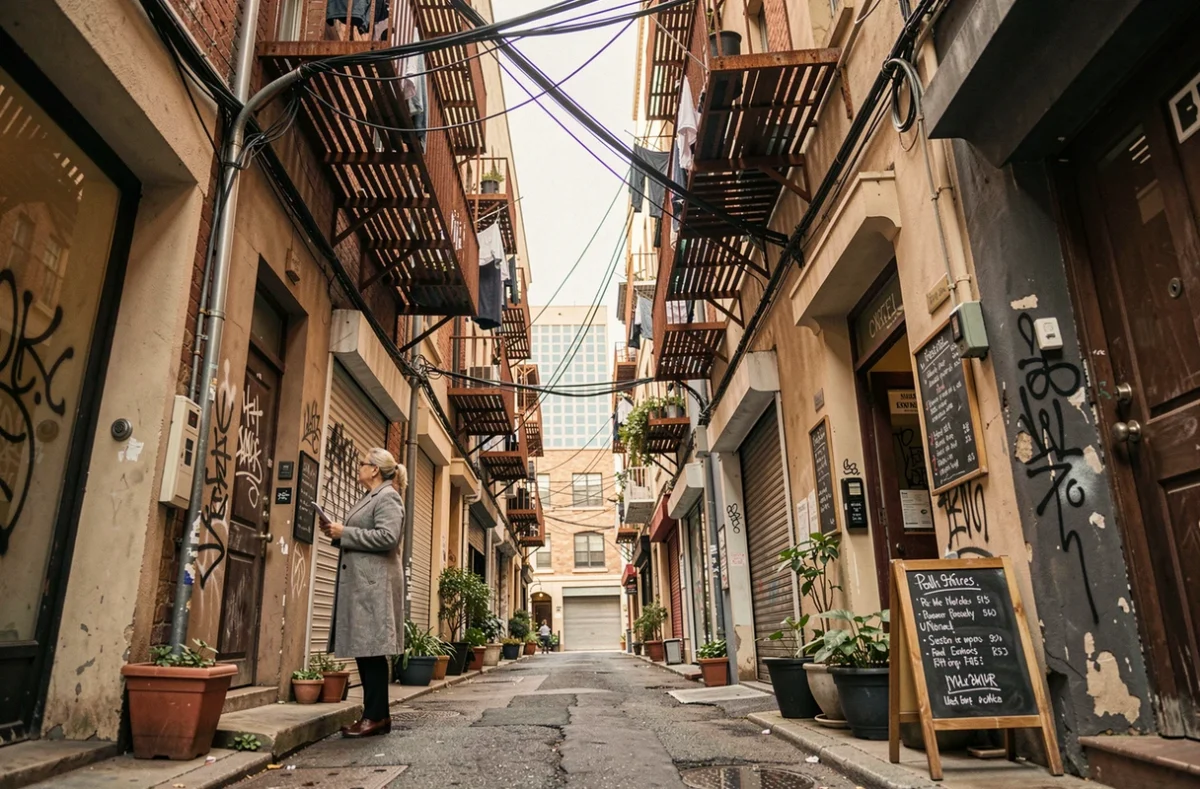 Femme dans une ruelle urbaine étroite avec textures architecturales authentiques, graffitis et balcons chargés