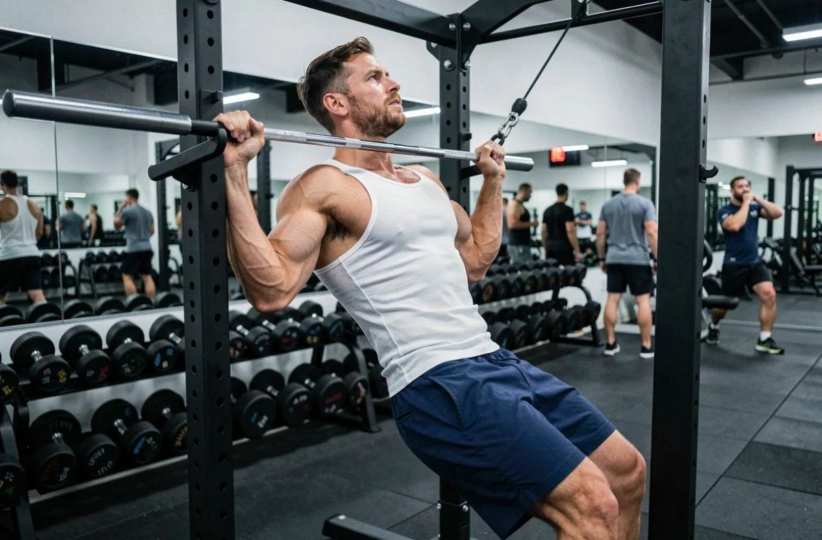 Homme musclé faisant des tractions sur une machine en salle de sport professionnelle