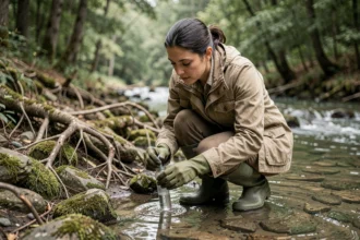Scientifique environnementale prélevant des échantillons d'eau dans une rivière polluée pour mesurer l'impact environnemental