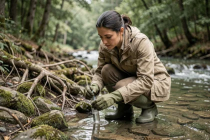 Scientifique environnementale prélevant des échantillons d'eau dans une rivière polluée pour mesurer l'impact environnemental