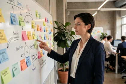 Femme professionnelle devant un tableau de stratégie marketing innovant dans un bureau moderne