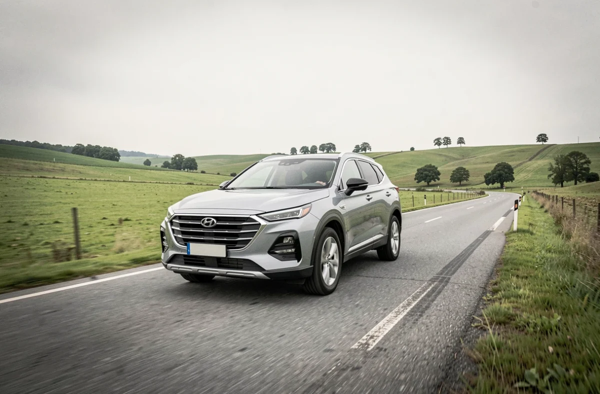 SUV à hydrogène roulant sur une route de campagne symbolisant la mobilité durable