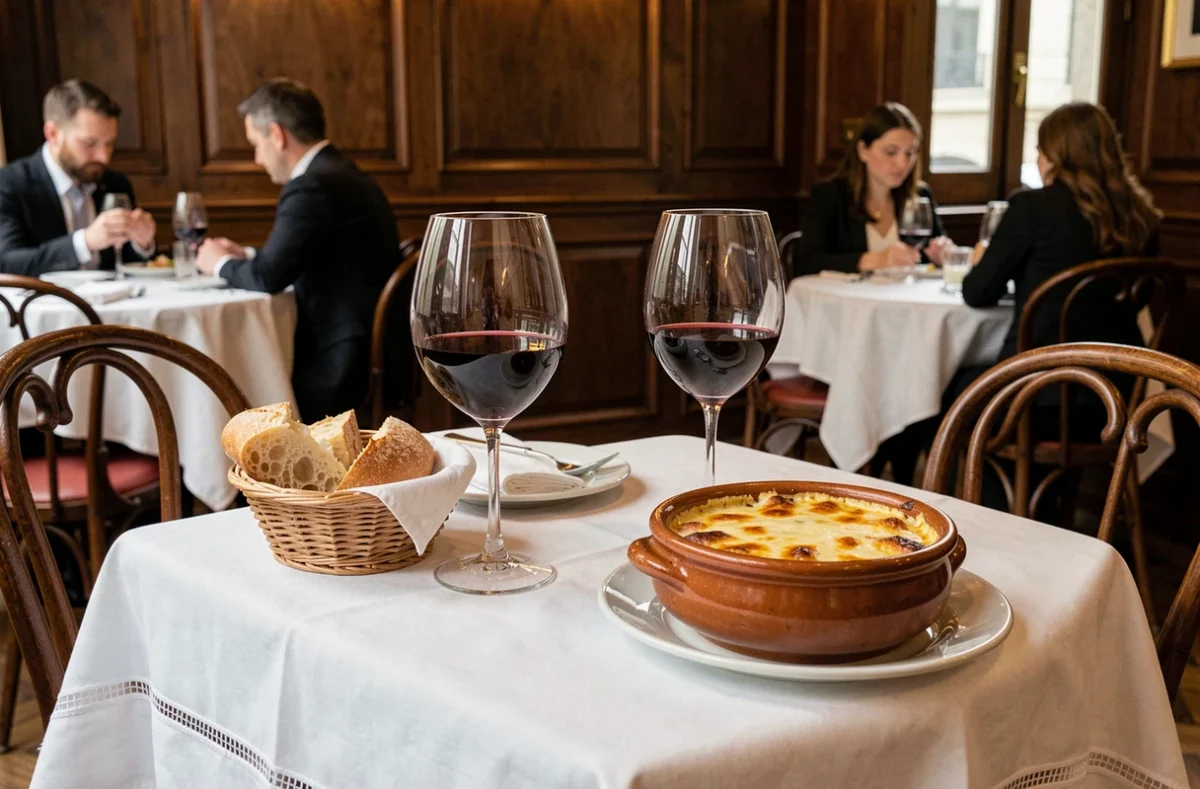 Table dressée dans une brasserie parisienne traditionnelle avec soupe à l'oignon gratinée et verre de vin de Bourgogne