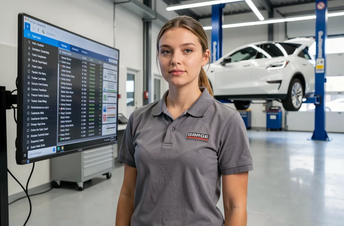 Technicienne automobile utilisant un outil de diagnostic numérique dans un garage moderne équipé pour les véhicules électriques