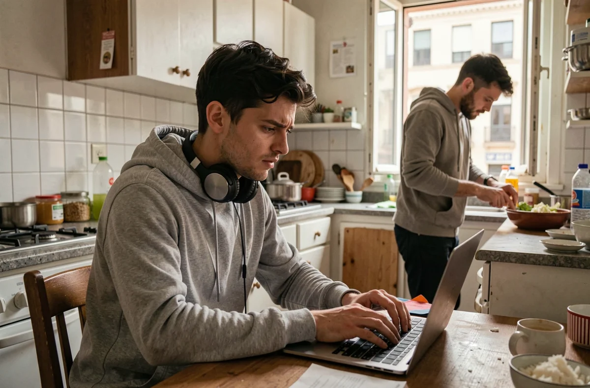 Jeune homme en télétravail dans une cuisine partagée, illustrant le manque d'espace et les distractions à domicile