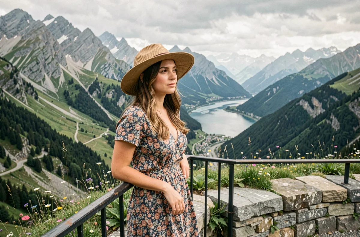 Jeune femme contemplant un panorama de montagne dans les Alpes françaises depuis un belvédère avec vue sur vallée et lac glaciaire