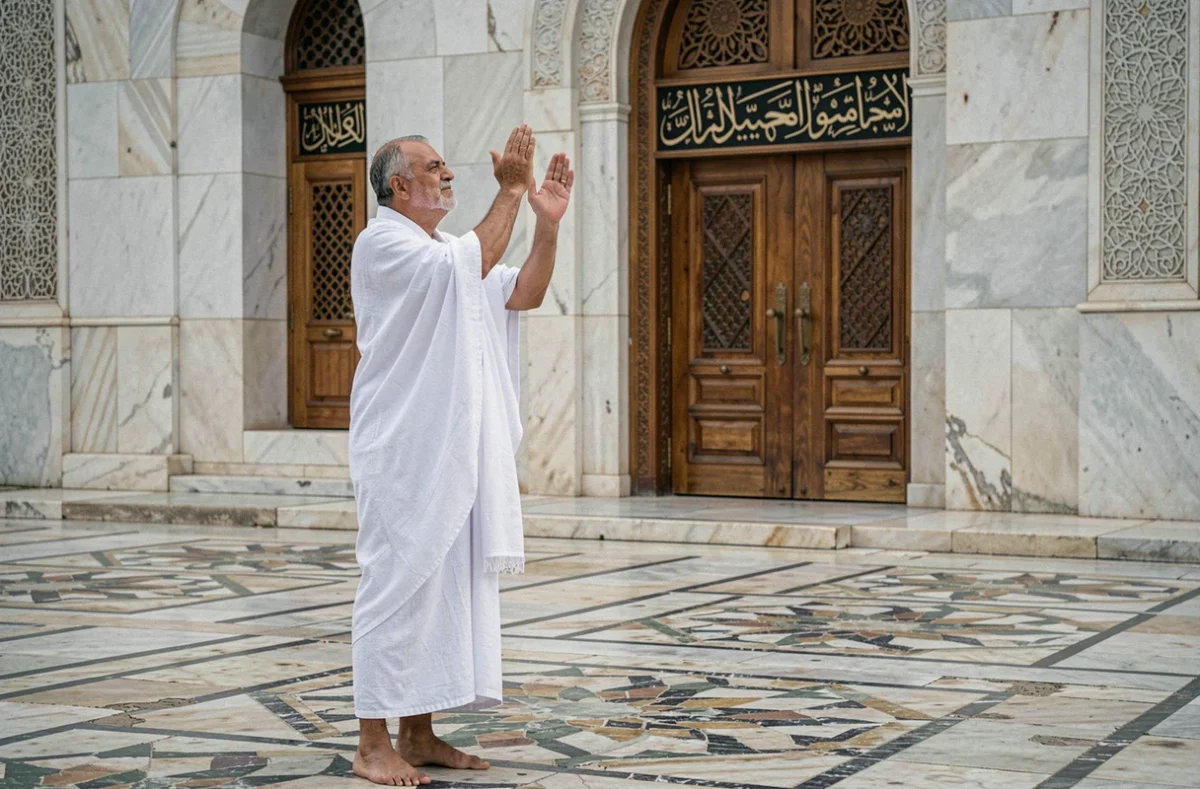 Homme en tenue traditionnelle blanche en prière devant une mosquée ornée de calligraphies arabes, symbolisant les traditions islamiques