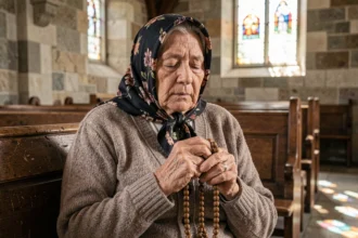 Femme âgée en prière tenant un chapelet en bois dans une église en pierre, illustrant les traditions religieuses chrétiennes