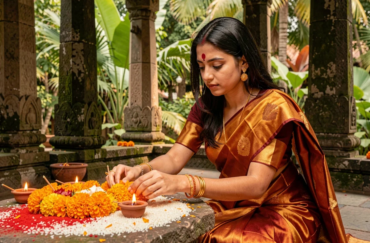 Jeune femme en sari doré accomplissant un rituel puja hindou avec des fleurs de soucis et des lampes à huile sur un autel en pierre