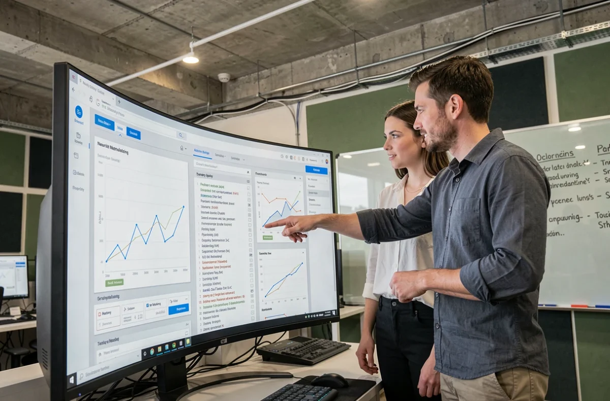Deux collègues analysant un tableau de bord de traduction automatique neuronale sur grand écran dans un bureau de startup technologique