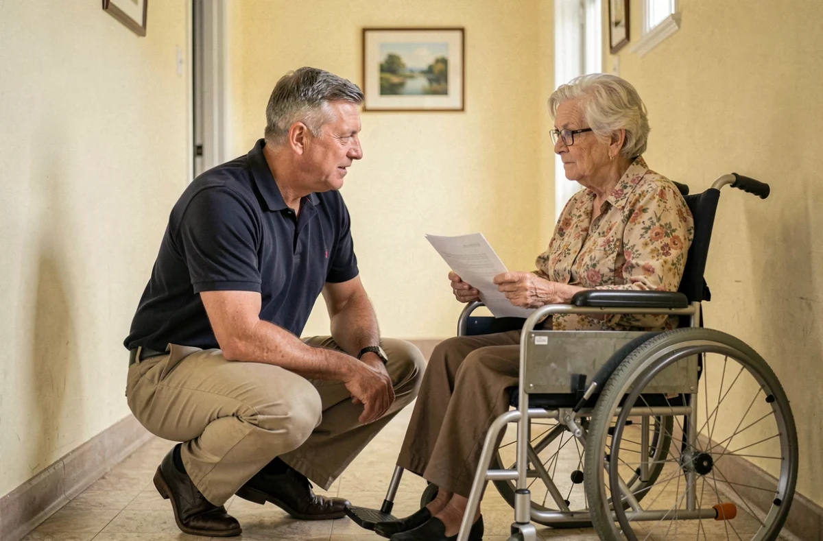 Travailleur social en discussion bienveillante avec une femme âgée en fauteuil roulant dans un couloir d'appartement, symbolisant l'accompagnement et les besoins des personnes vulnérables