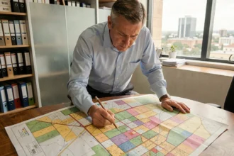 Urbaniste analysant un plan cadastral pour identifier les zones urbaines d'une parcelle de terrain