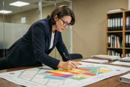 Urbaniste étudiant un plan de zonage urbain coloré dans un bureau municipal moderne