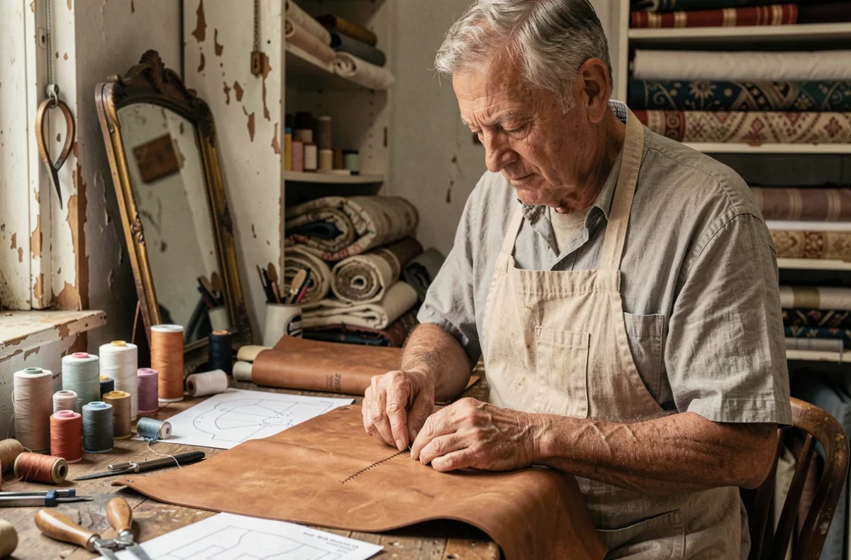 Artisan maroquinier parisien cousant à la main dans un atelier traditionnel, symbolisant les valeurs du savoir-faire et de la mode lente