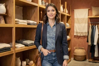 Femme en tenue éthique et artisanale dans un concept store de mode responsable, illustrant les valeurs de la mode contemporaine