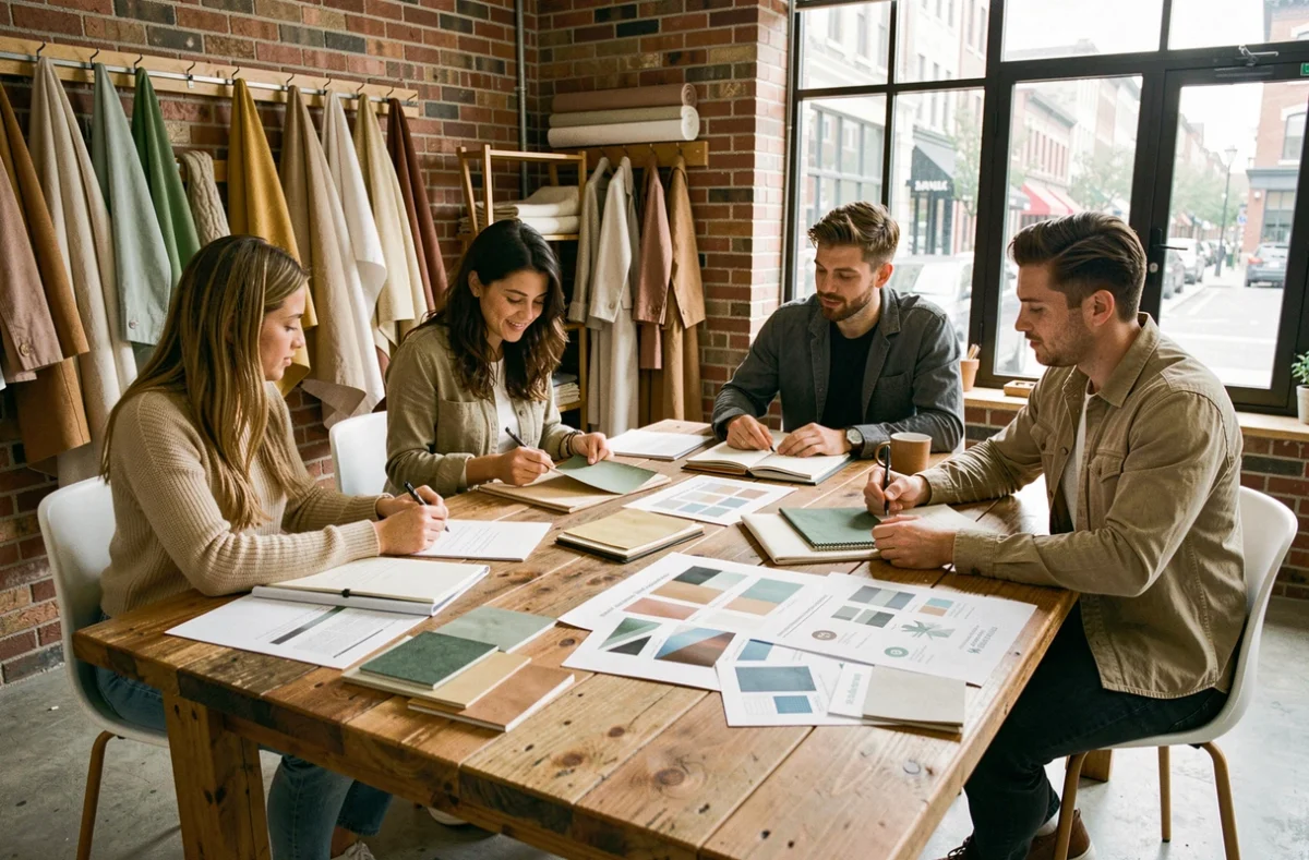 Groupe de jeunes créateurs de mode autour d'une table de travail avec échantillons de tissus et moodboards, représentant les valeurs collaboratives et éthiques de l'industrie