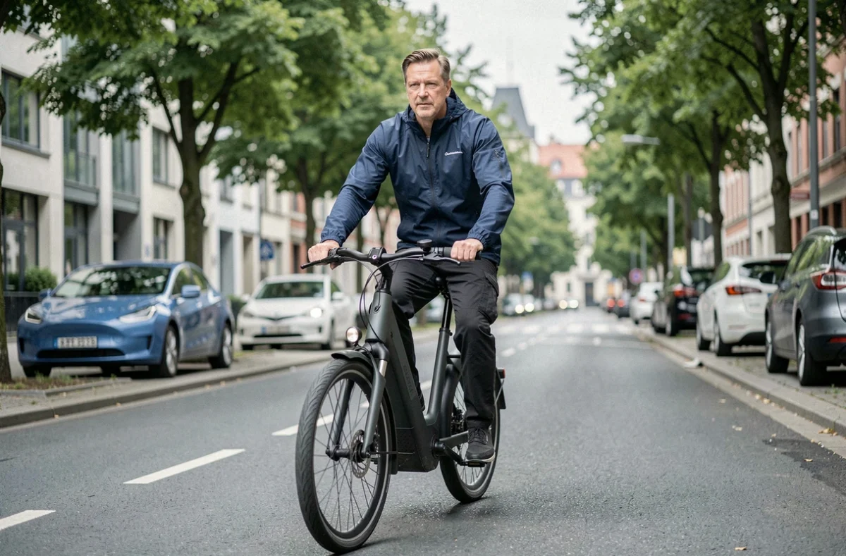 Homme à vélo cargo électrique dans une piste cyclable urbaine en 2026