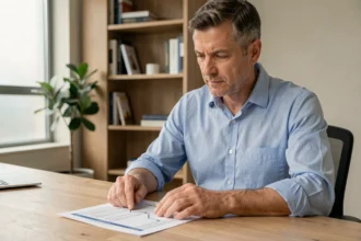 Homme d'affaires analysant un calendrier de versement de revenus SCPI sur son bureau à domicile