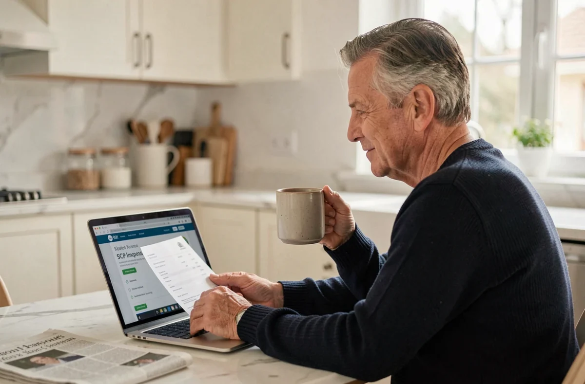 Investisseur immobilier vérifiant un virement trimestriel de revenus SCPI sur son ordinateur portable