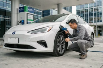 Voiture à hydrogène rechargée à une station hydrogène urbaine par un ingénieur