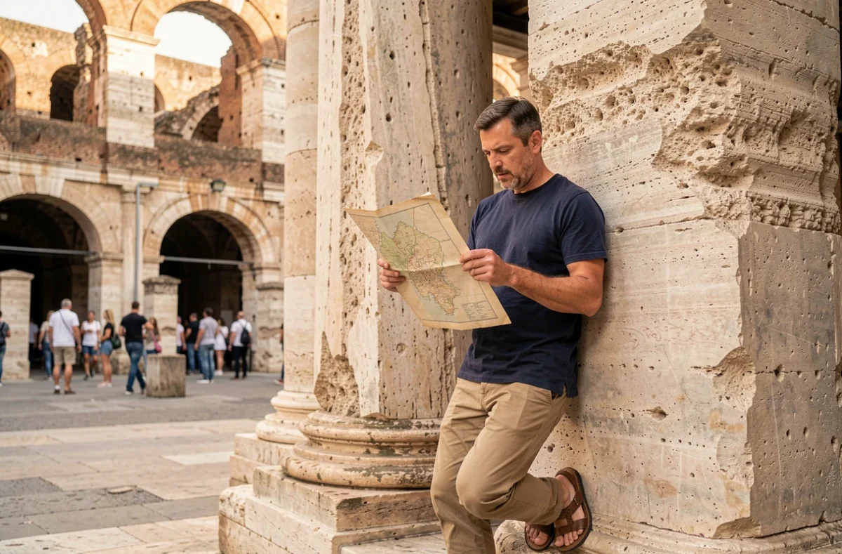 Homme explorant le Colisée de Rome en Italie, site historique incontournable à visiter