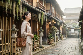 Femme voyageuse dans une ruelle traditionnelle de Kyoto au Japon, destination incontournable